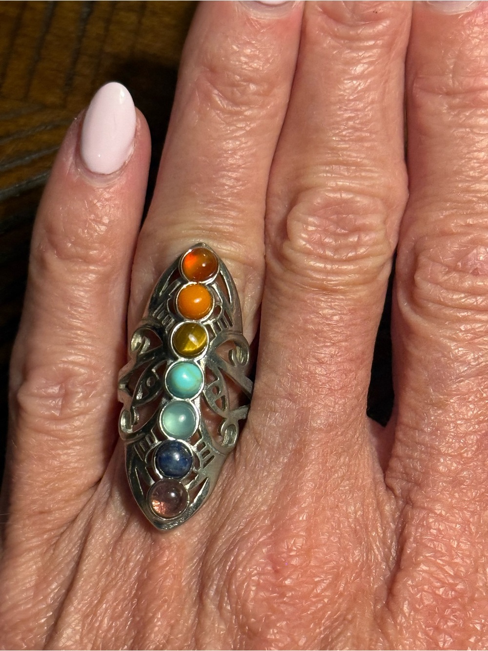 Sterling Multicolor Chakra Stone Statement Ring - adjustable Women Jewelry